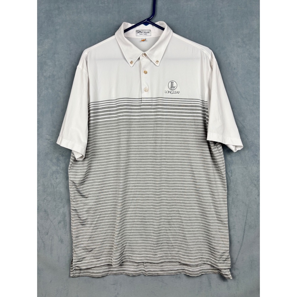 Peter Millar Summer Comfort Polo Shirt Mens Large White Gray Striped Longleaf L